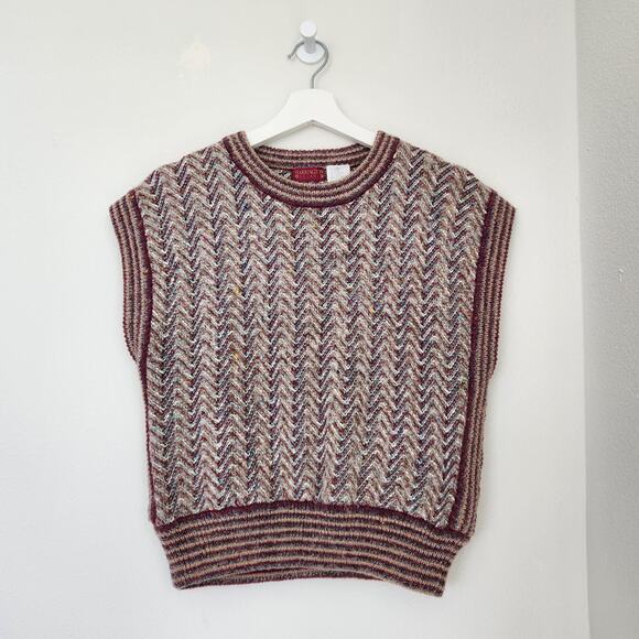 Vintage Tops - 80s Vintage Knit Sweater Vest Wool Maroon Multicolor Chevron Academia 90s M